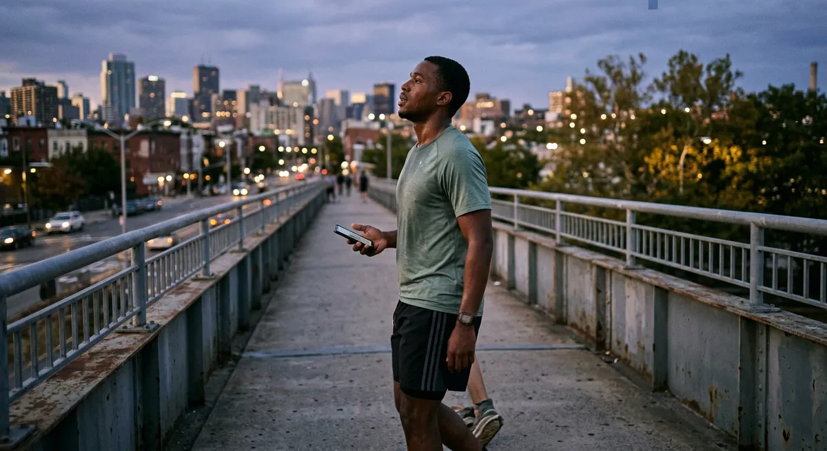A young Black man stands on a pedestrian bridge at dusk, holding his phone but looking away, capturing the reflective mood of a 30-day no social media challenge.
