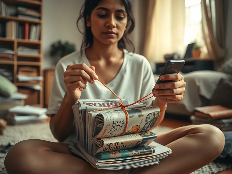 Close-up of a woman tying up magazines on her living room floor, her phone set aside—a moment of choosing offline activities during a social media break.
