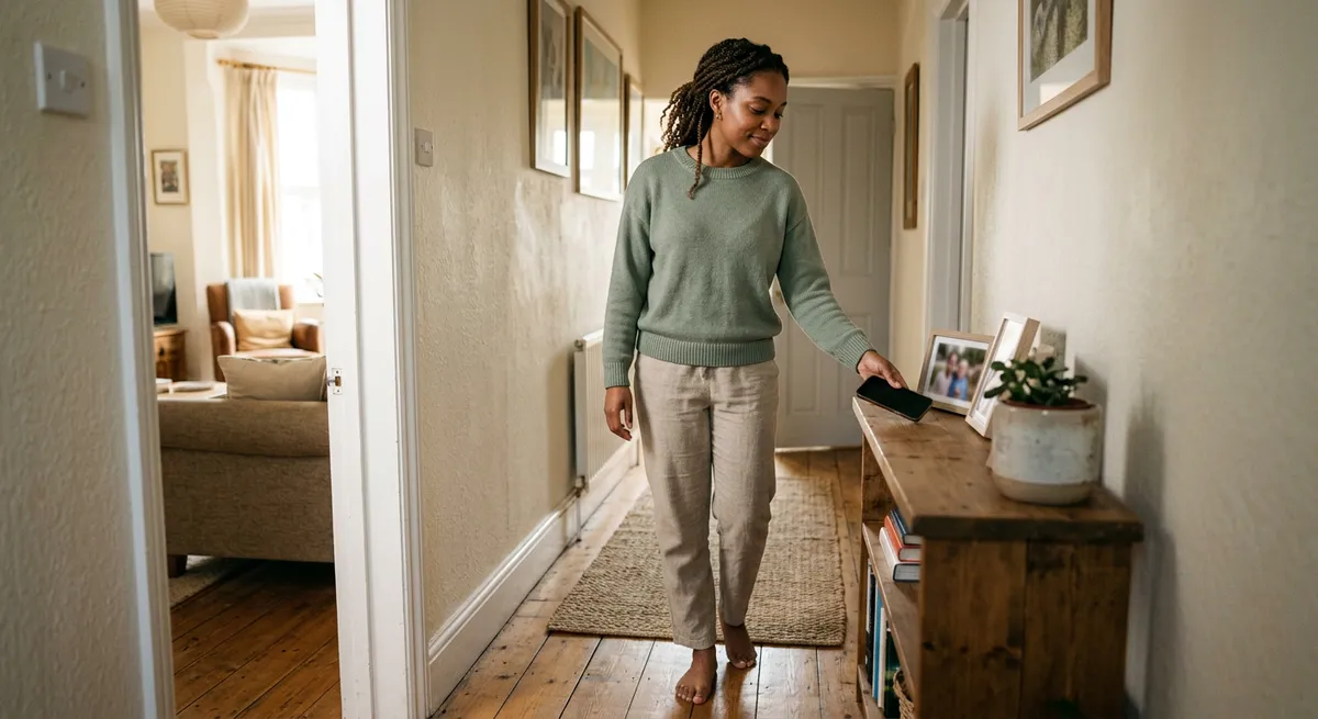 A young woman sets her phone aside on a hallway shelf, beginning her 7-day digital detox with a calm, intentional pause.