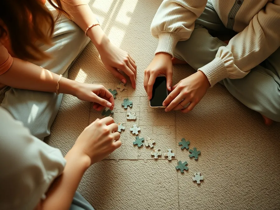 Two friends work together on a puzzle, their phones set aside, illustrating an engaging offline activity during a digital detox.