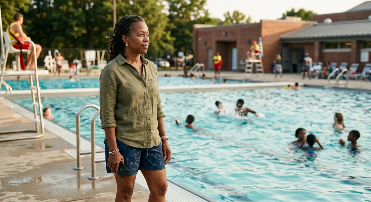 A woman at a public swimming pool holding her iPhone, reflecting on iPhone App Limits not working as she pauses beside the water.