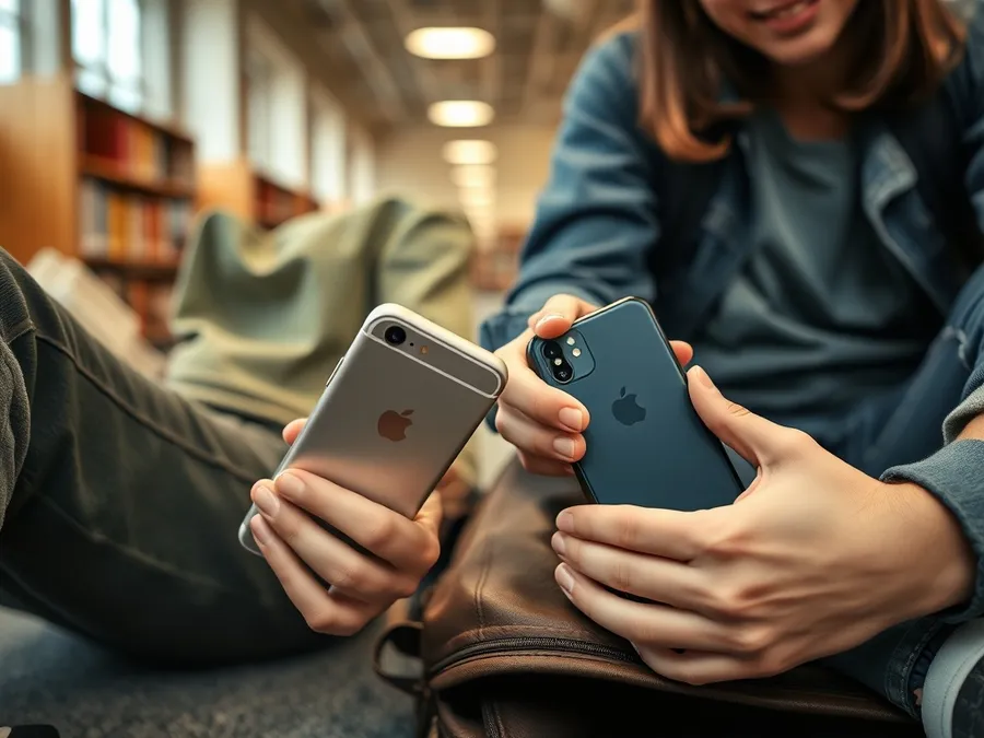 Close-up of teenagers' hands with iPhones on a library floor, one phone face-down, subtly illustrating struggles with screen time limits.