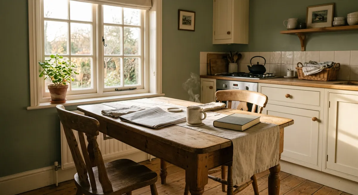 A calm kitchen table in morning light, set with analog items and no digital screens, illustrating the idea of time away from devices.