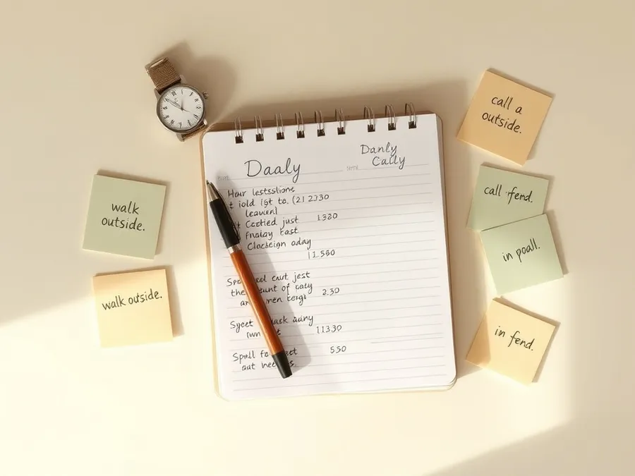 A flat-lay showing a handwritten schedule, watch, and reminders for offline activities, representing practical steps to reduce screen time.