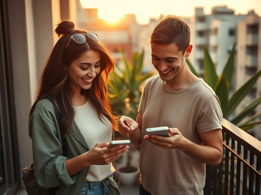 Two friends on a balcony in the evening, sharing a moment as they compare their screen time results—showing social, supportive use of screen time apps.