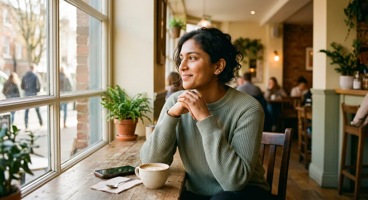 A young adult sits in a sunlit café, phone set aside, appearing calm and focused as they pause from social media use.