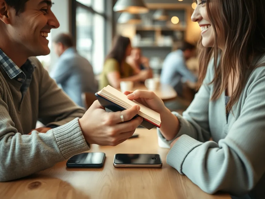 Two friends exchange a notebook over a table, their phones set aside, illustrating in-person interaction instead of social media scrolling.