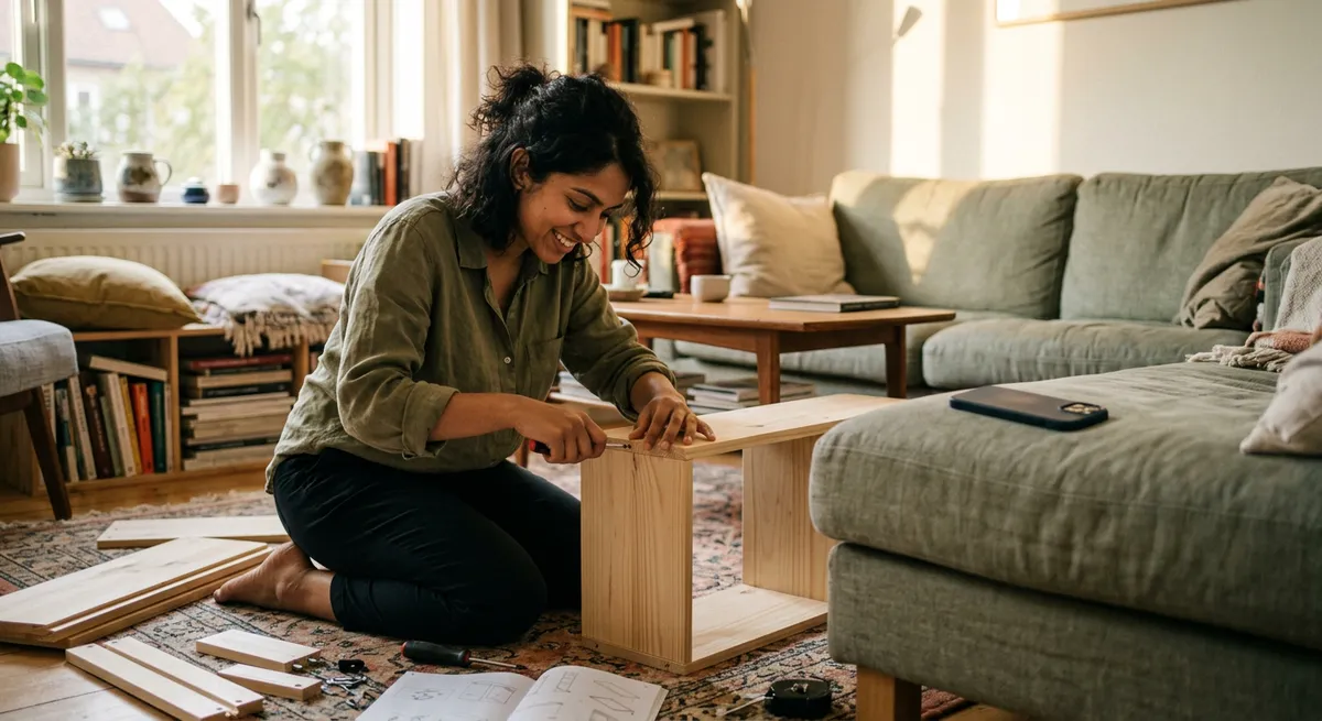 A young South Asian woman assembling a bookshelf on her living room floor, her phone set aside—illustrating focus during a digital detox challenge.