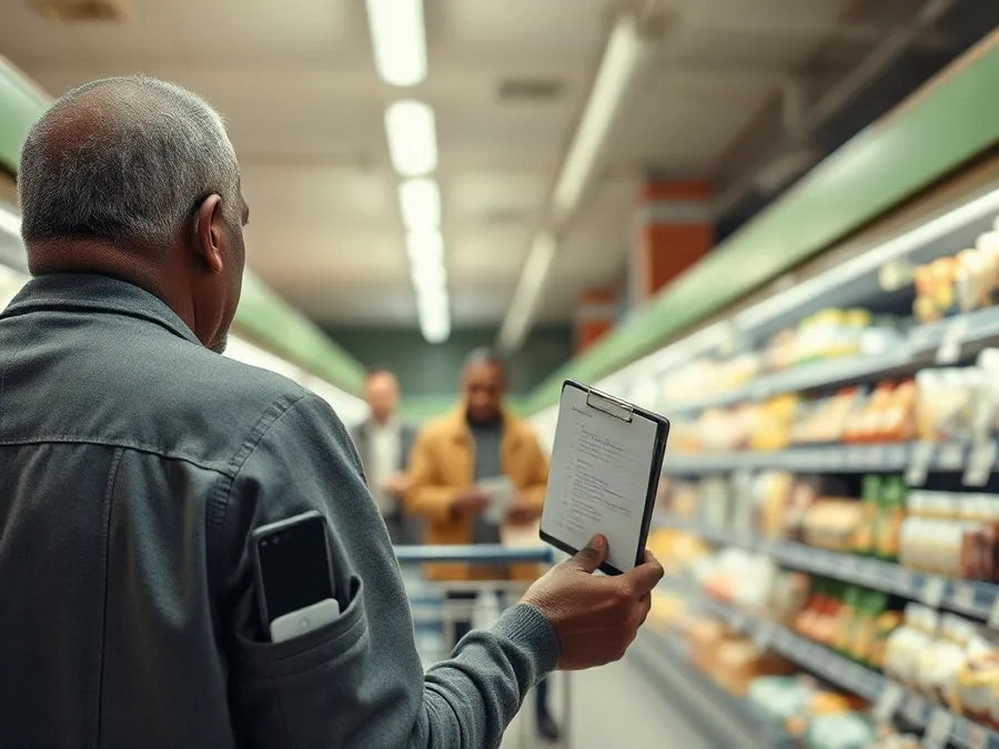 A middle-aged Black man uses a handwritten shopping list at a busy supermarket, his phone tucked away, demonstrating everyday offline alternatives during a digital detox.