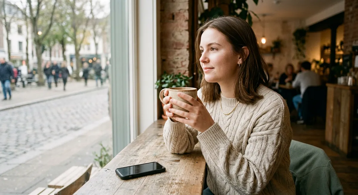 A young adult practicing digital wellbeing by taking a mindful break from their phone, sitting at a café table and gazing out the window with a relaxed expression.