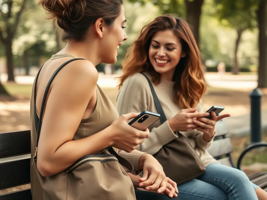Two friends enjoying a phone-free conversation on a park bench as part of their digital wellbeing routine.