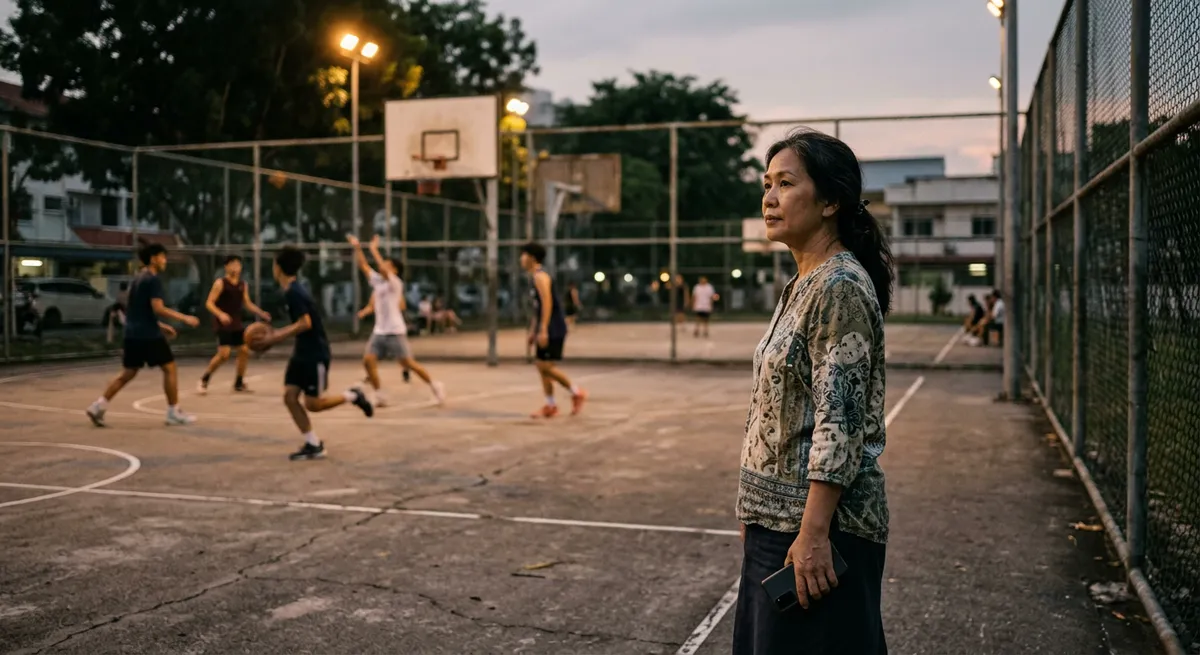 A middle-aged Southeast Asian woman at a dusk-lit outdoor basketball court, pausing with her phone in hand but looking away, illustrating real-life moments beyond app blockers.