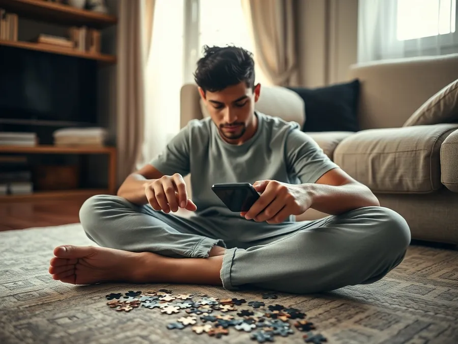 A young Latino man works on a jigsaw puzzle on his living room floor, his phone set aside, showing a mindful alternative to constant screen use.