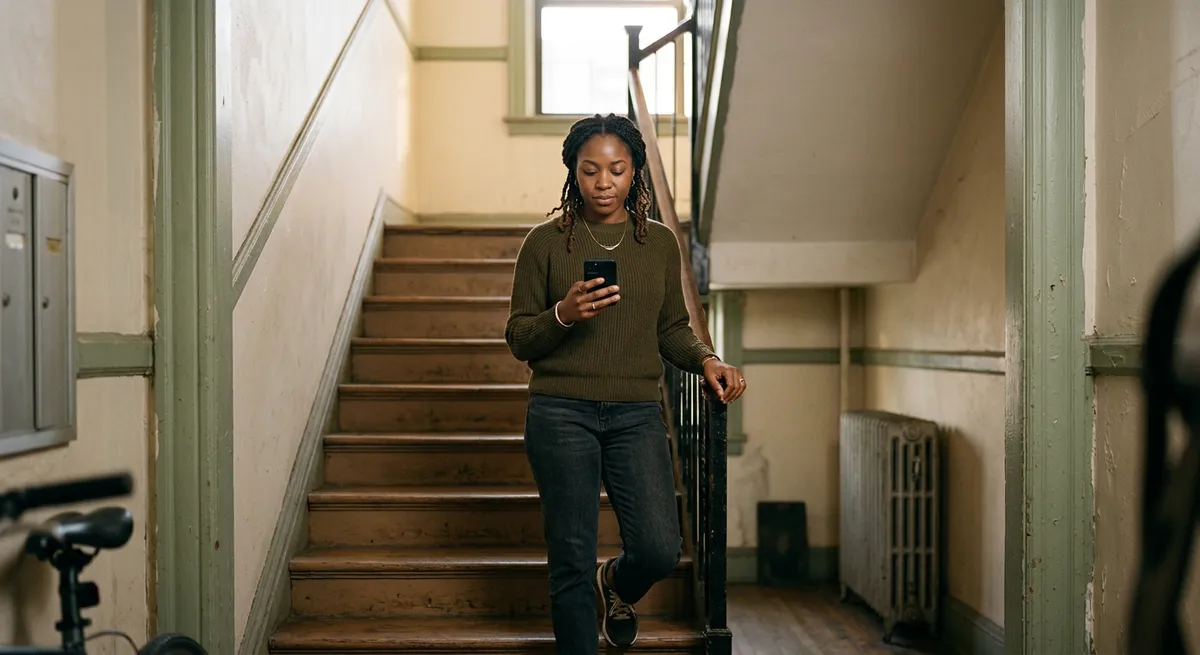 A young woman stands at the bottom of a stairwell, pausing with her phone in hand and a reflective expression, illustrating the struggle with dopamine and social media.