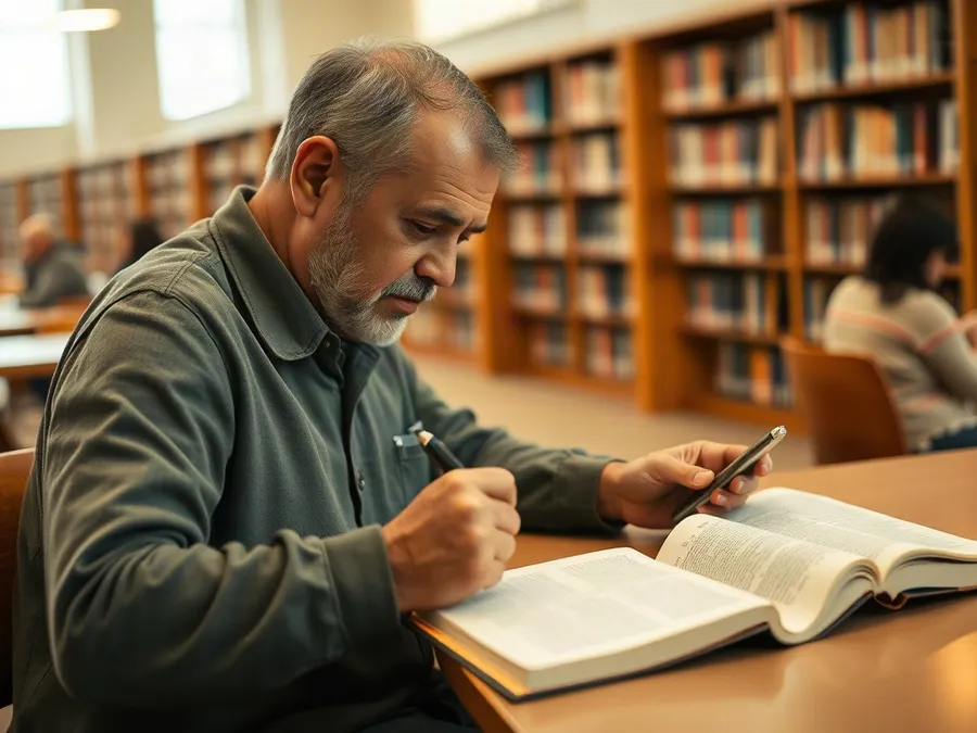 A man writes in a notepad at a library table, his phone set aside, showing a practical way to break dopamine-driven social media habits.