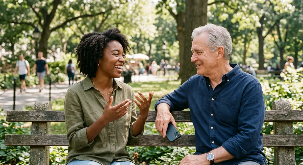A young Black woman and an older white man share a relaxed conversation on a sunlit park bench, with a phone set aside, illustrating the screen time app comparison theme.