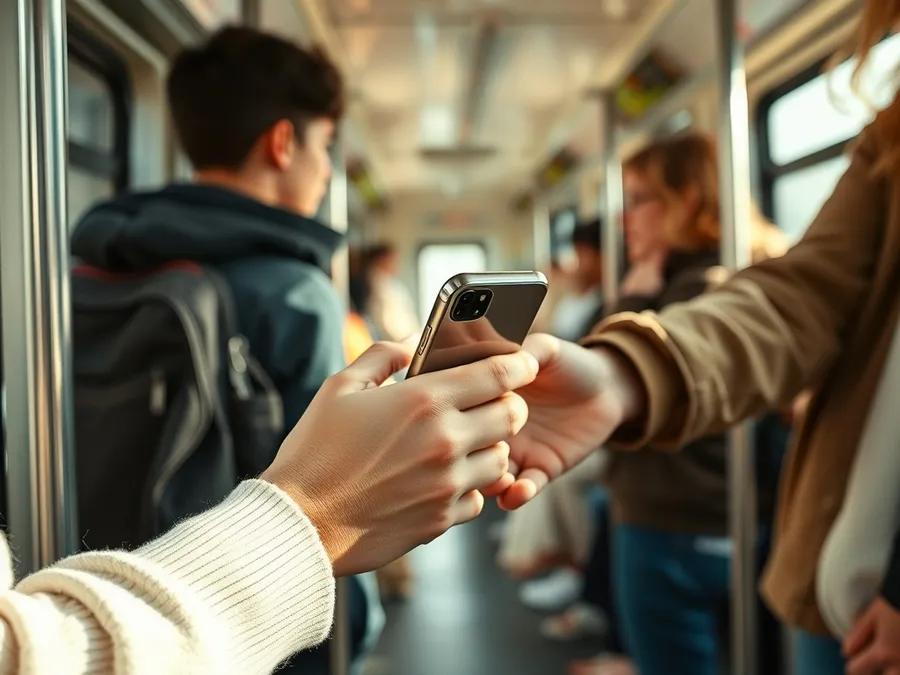 Close-up of two teens exchanging a phone on a busy train, highlighting real-life decisions about screen time.