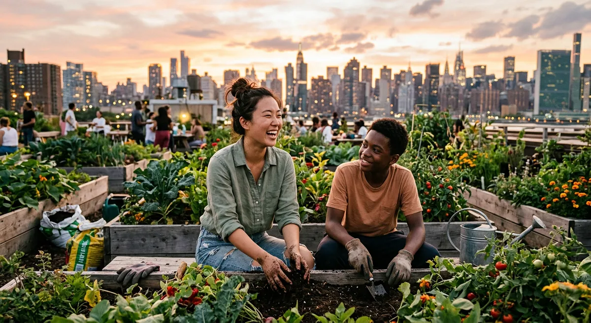 Young people gardening together on a rooftop at sunset, smiling and connecting offline — a real-life example of Gen Z quitting social media.