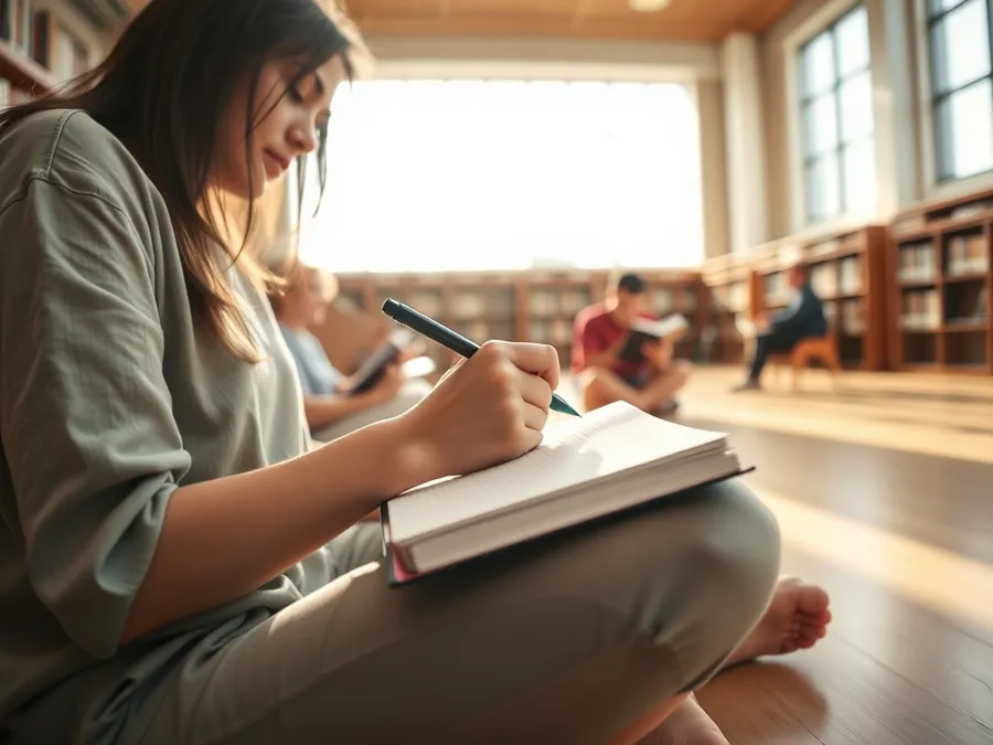Close-up of a young woman sketching in a notebook on a library floor, surrounded by others reading, showing offline hobbies replacing social media.
