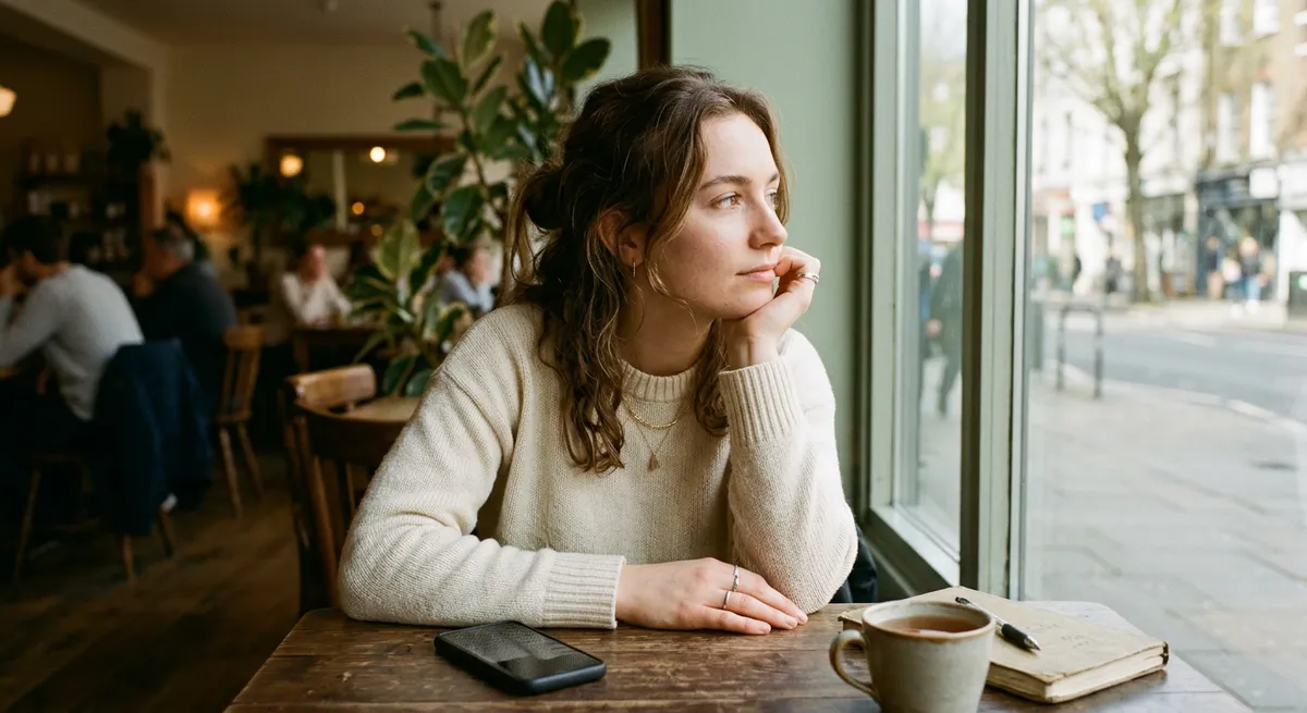 A young woman sits at a café table, her phone face-down, gazing thoughtfully out the window in natural light—a moment of calm away from her device.