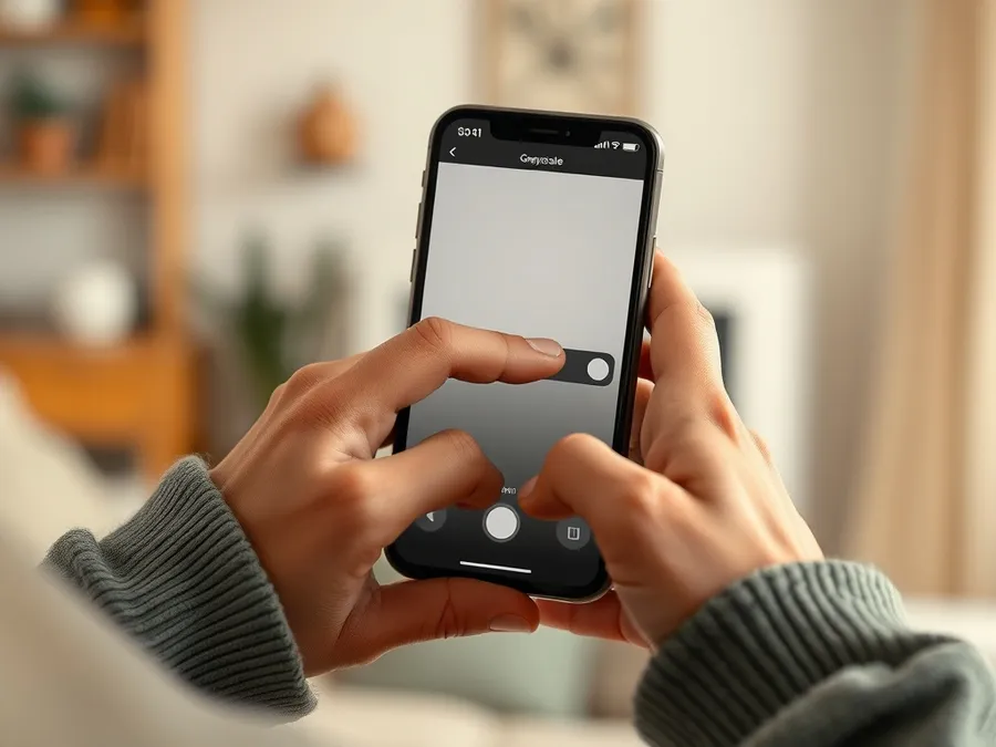 A close-up of hands enabling grayscale mode on an iPhone, captured over the shoulder in a home setting.