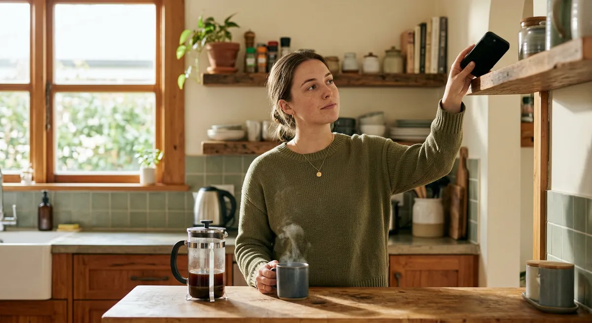 A person in a bright kitchen placing their phone out of reach after making coffee, illustrating habit stacking to reduce phone use.