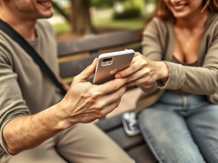 Two friends on a park bench exchanging phones before lunch, showing a real-life habit stacking strategy for less phone time.