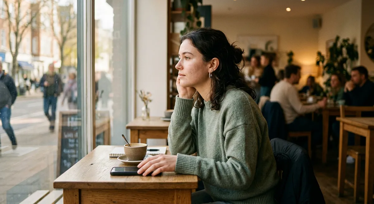 A young adult at a café table, phone set aside, gazing calmly out the window—capturing a mindful break from screen time.