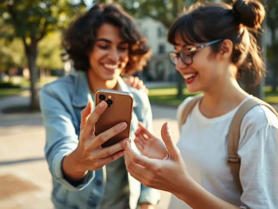 Two teens at a park enjoying each other's company, with a phone turned face-down—illustrating a healthy screen time moment.