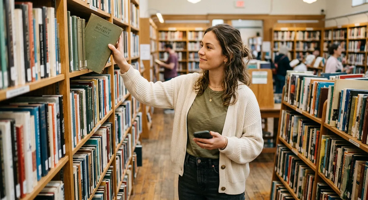 A young woman in a library, reaching for a book while holding her phone at her side, illustrating the shift from phone to rewarding offline activities.