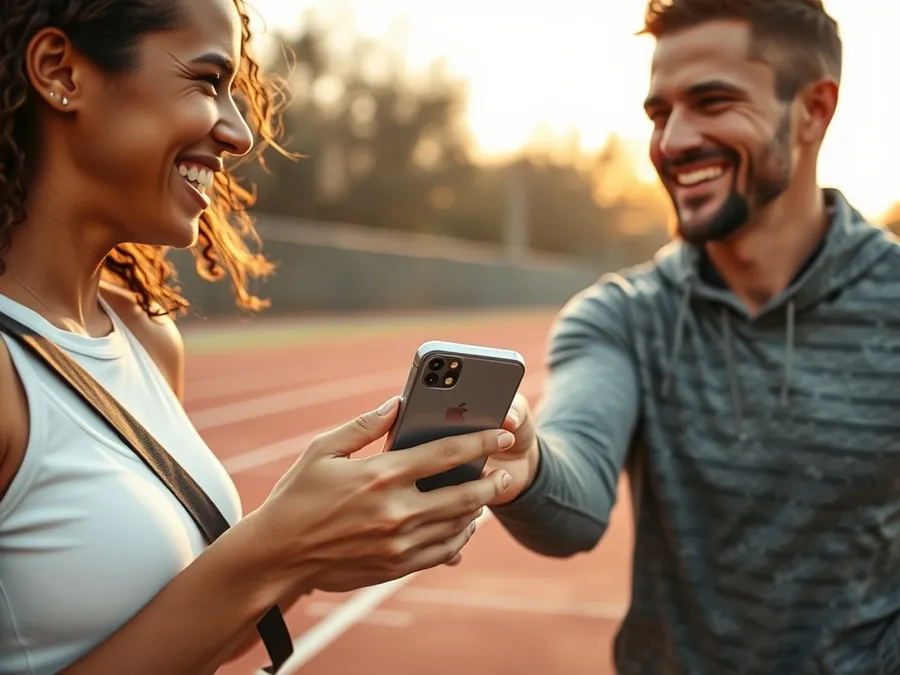 Two friends at a running track, one passing their phone to the other before exercise, showing practical ways to encourage phone-free moments.
