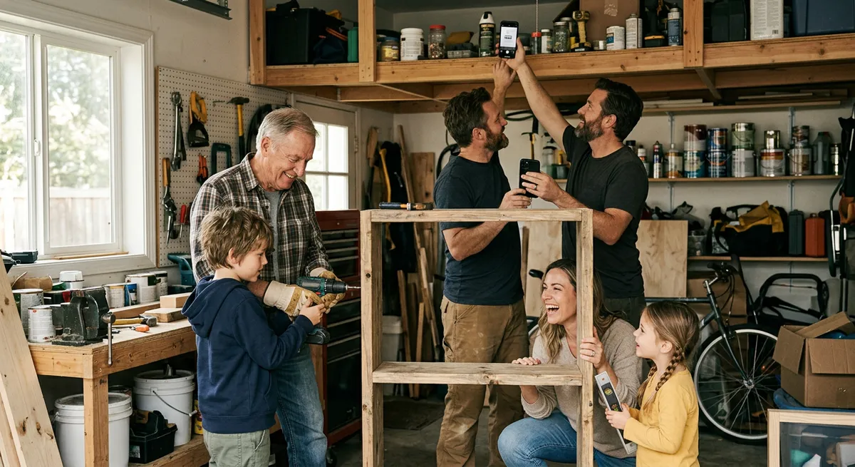 A candid photo of a family working together on a DIY project in a garage, with one parent setting their phone aside to focus on the moment.