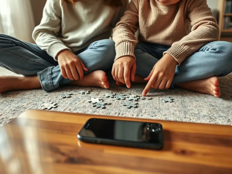 A close-up view of family members doing a jigsaw puzzle together on the floor, their phone intentionally set aside in the background.