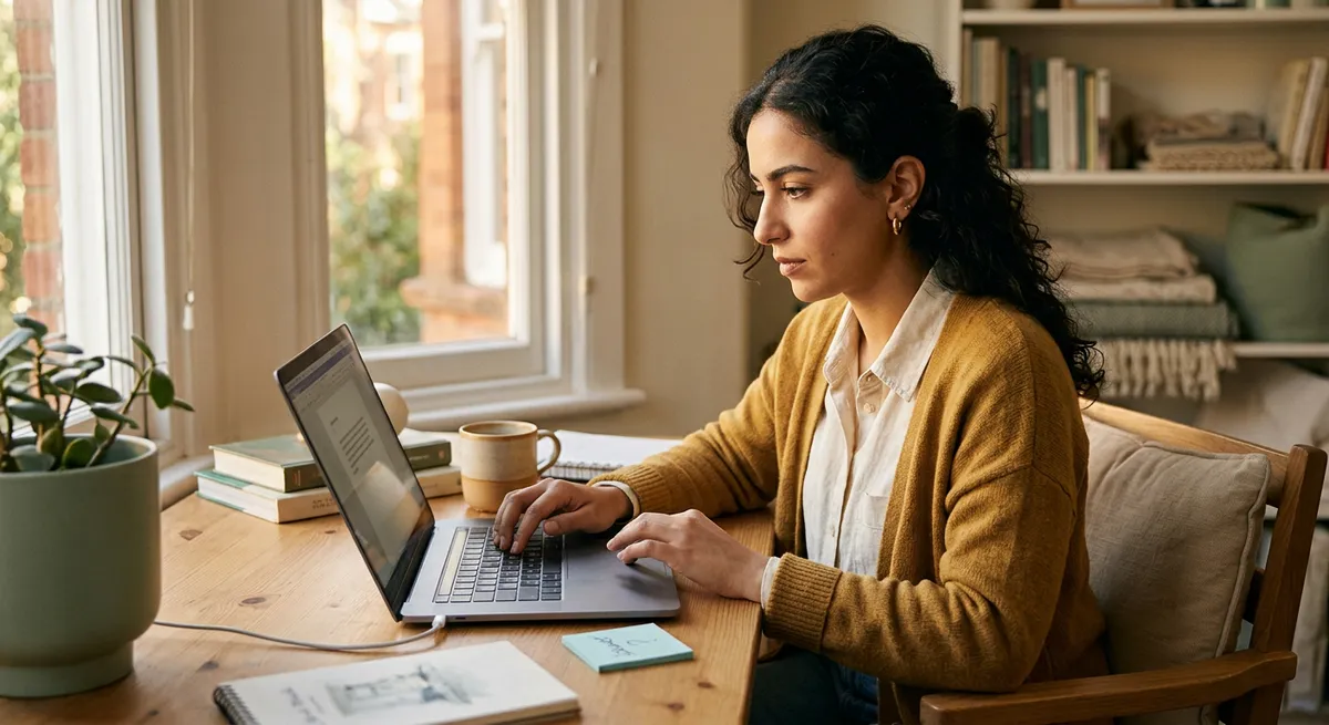 A young Middle Eastern woman sits at a home desk using her MacBook, focused on her work, with a note reminding her to block a website on Safari for Mac.