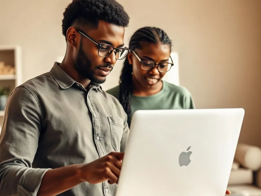 A father and daughter work together at a MacBook, with the father guiding his daughter through the steps to block a website on Safari for Mac.