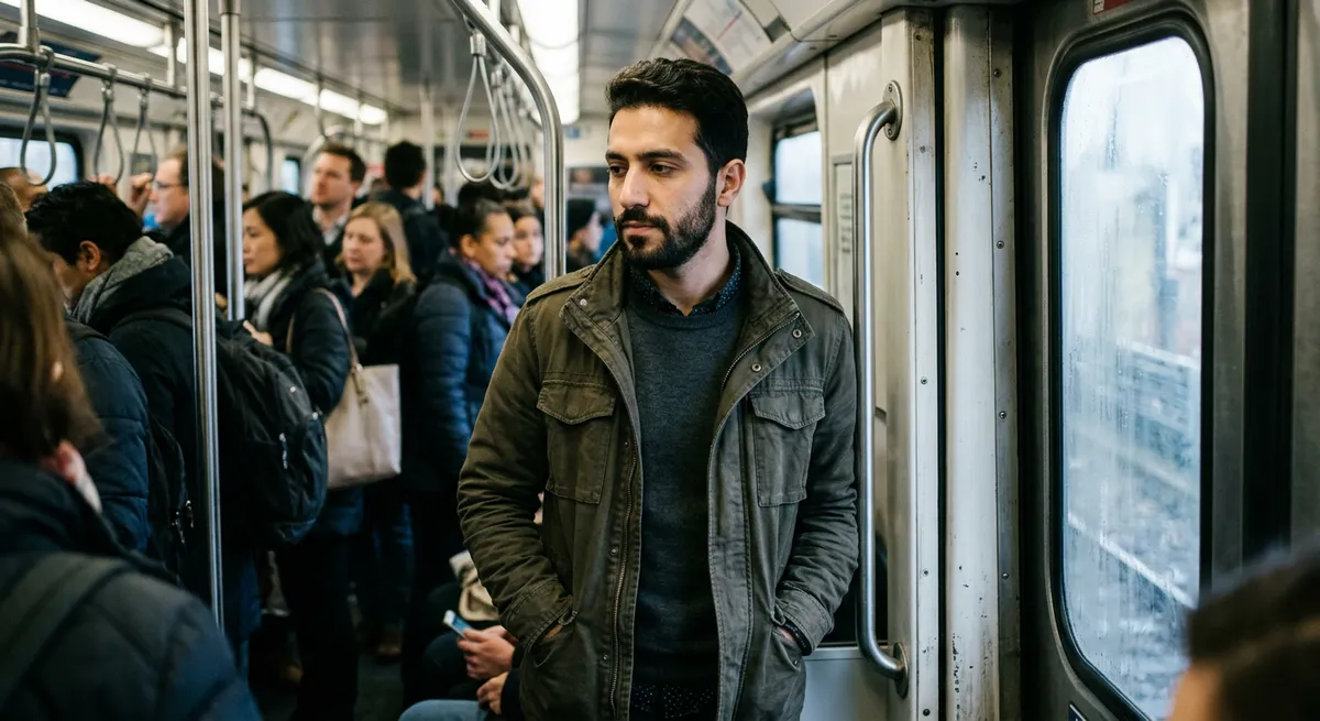 A young Middle Eastern man stands calmly on a busy morning train, his iPhone out of sight, embodying digital restraint after blocking app downloads on his iPhone.