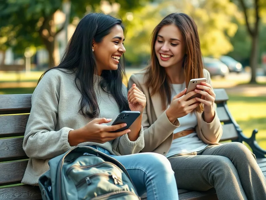 Close-up of two teenage girls chatting on a park bench, their phones put away, reflecting the benefits of blocking distracting app downloads.