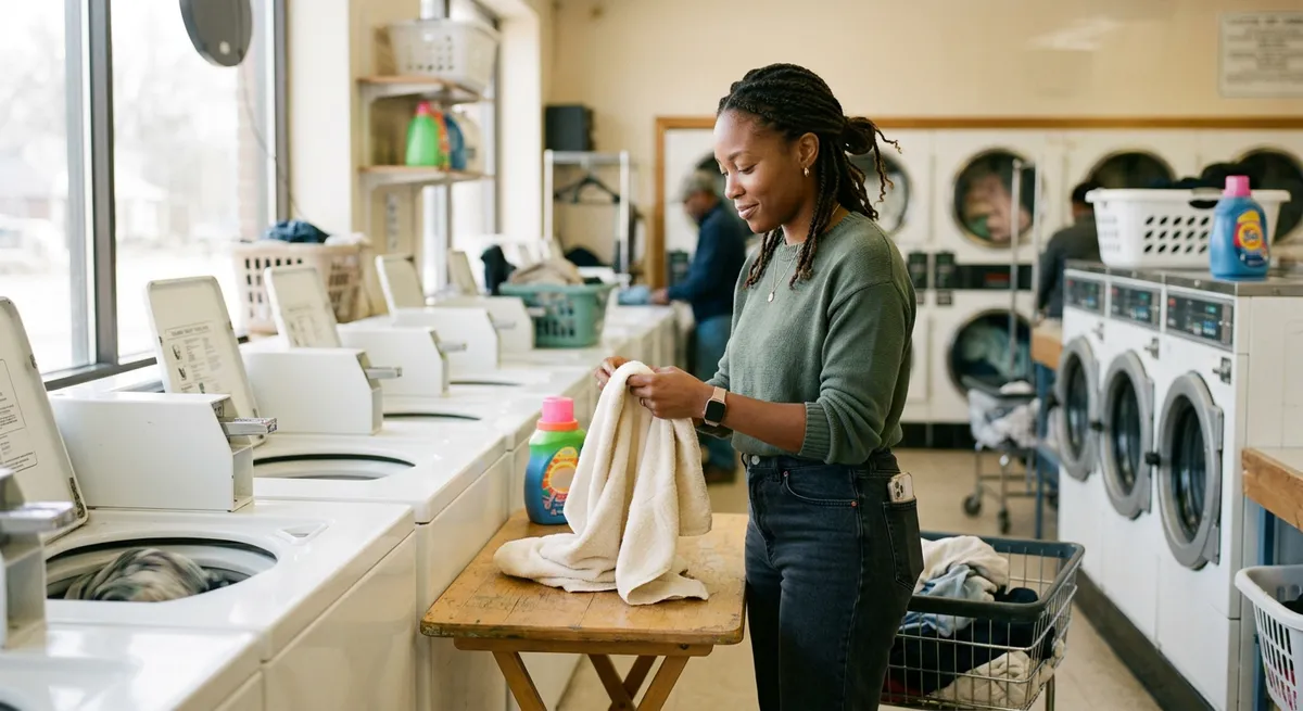 A young Black woman stands in a laundromat, folding clothes with her iPhone put away, illustrating how to block apps on iPhone for real-life focus.