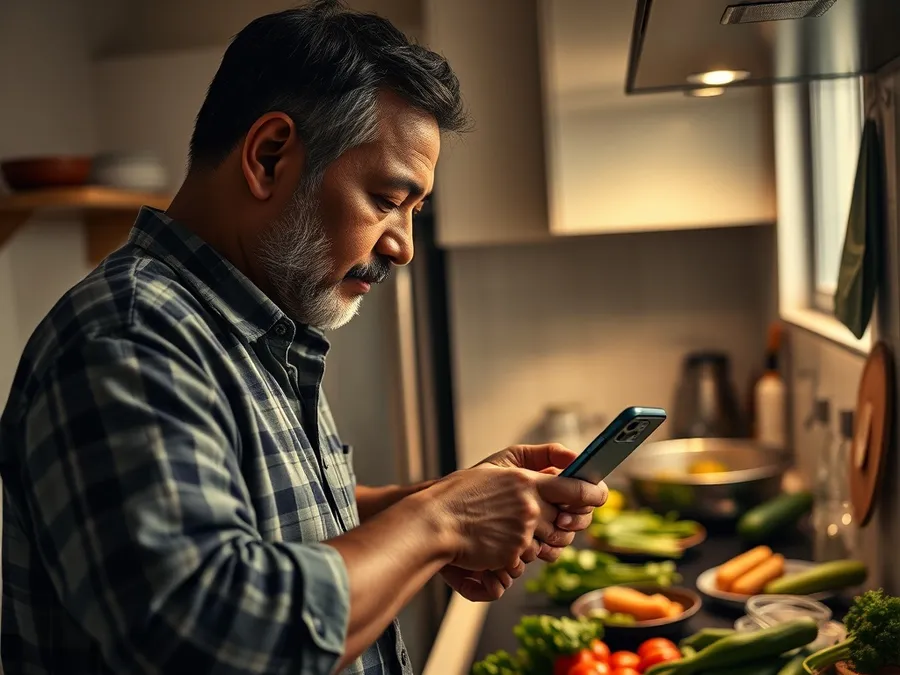 A South Asian man cooks in his kitchen, keeping his iPhone out of reach while preparing dinner, showing practical ways to block apps on iPhone.