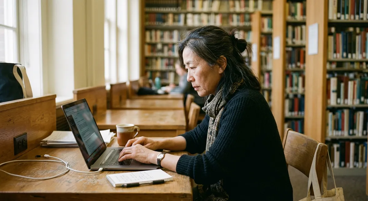 A woman in a library focuses on her MacBook, illustrating how to block apps on Mac for better digital balance.