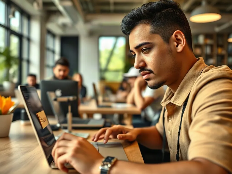 A man in a coworking space pauses from his MacBook, reflecting on app blocking methods for Mac.