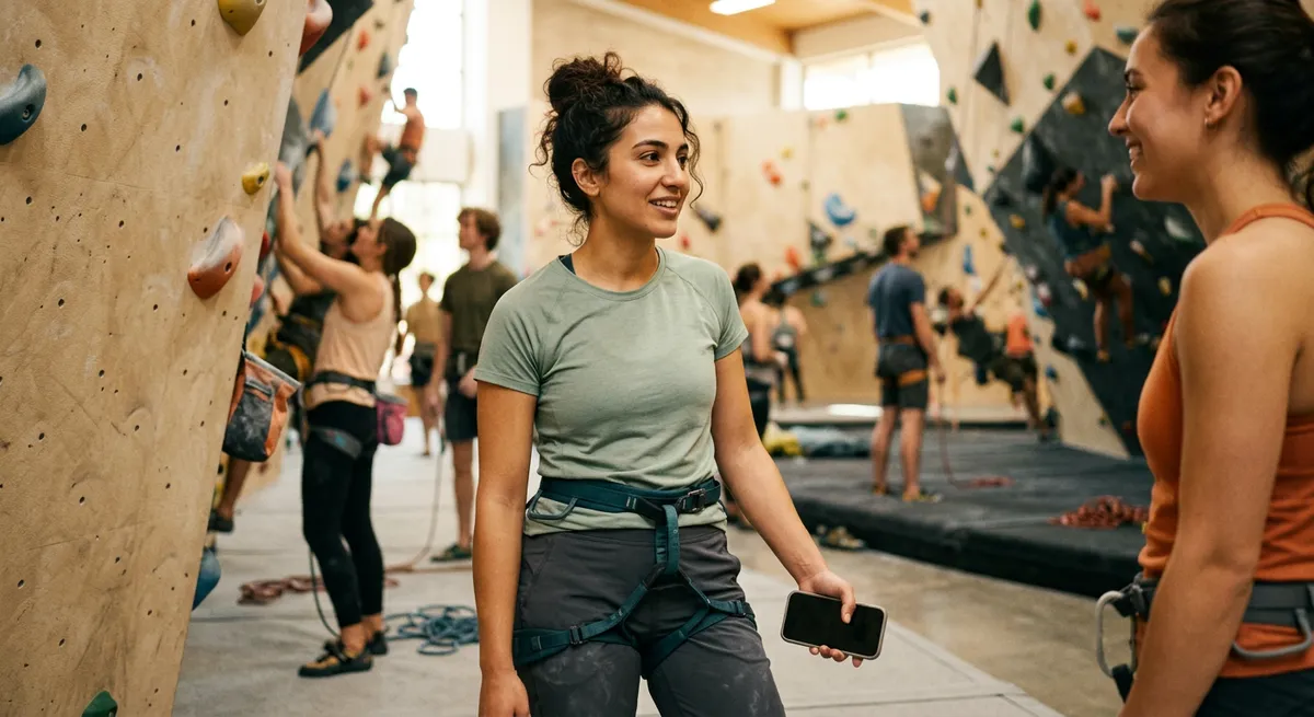 A young woman at an indoor climbing gym, holding her iPhone by her side while chatting with a friend, illustrating taking a break from Instagram on iPhone.