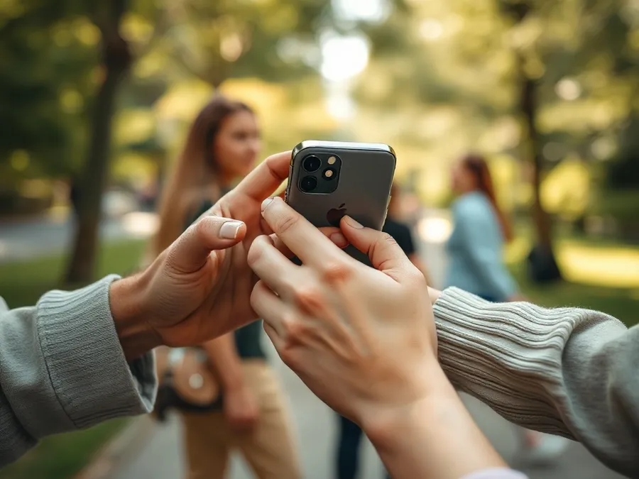 Close-up of two friends exchanging an iPhone in a city park, representing accountability in blocking Instagram usage.