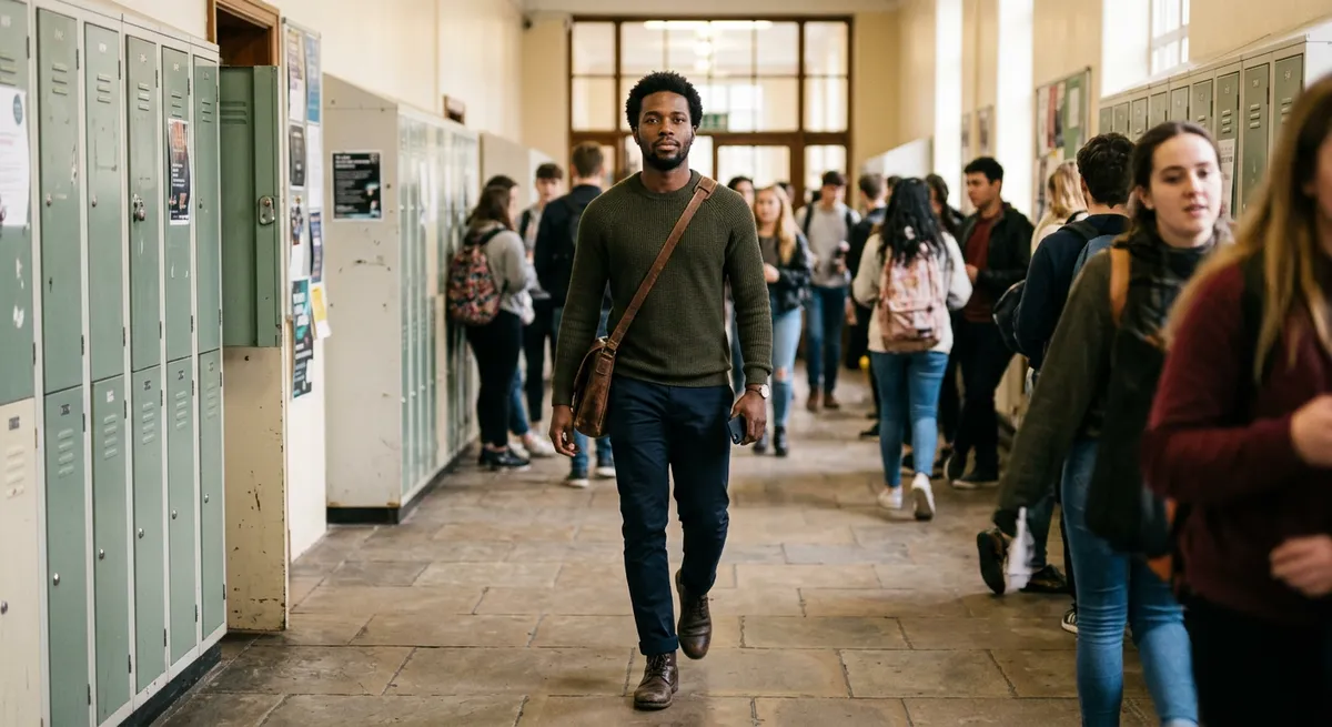 A young man walking confidently through a university hallway, holding his iPhone by his side, visually representing resisting the urge to check Instagram on Safari.