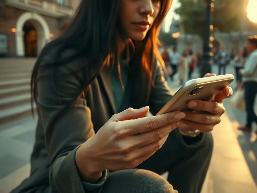A woman sitting on city steps, actively changing iPhone settings to block Instagram on Safari, with urban life softly blurred behind her.