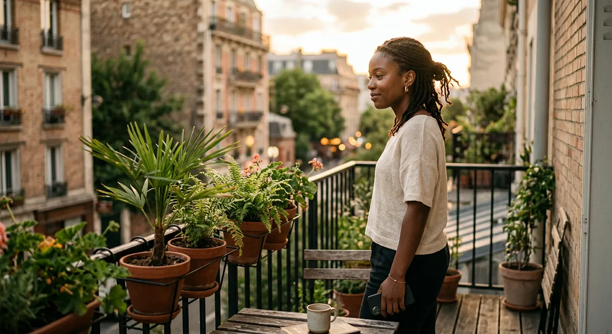 A young Black woman stands on her balcony at sunset, holding her phone and enjoying a moment of calm away from Instagram Reels.