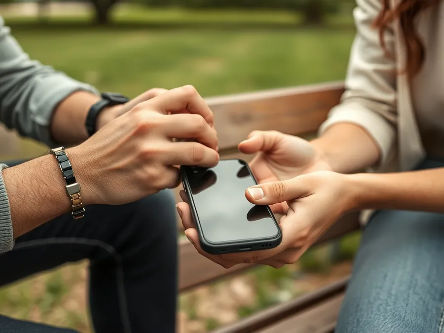 Two friends swap phones on a park bench, symbolizing support and accountability in limiting Instagram Reels usage.