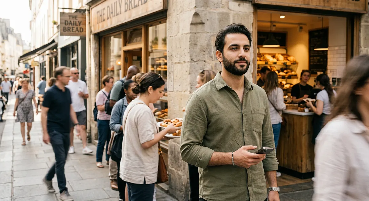 A young man at a bakery queue, iPhone in hand by his side, staying off Reddit on his iPhone while patiently waiting.