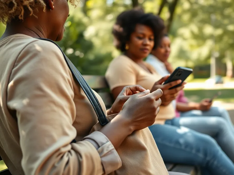 Close-up of a woman putting her iPhone away on a park bench, blocking Reddit and enjoying an offline conversation.