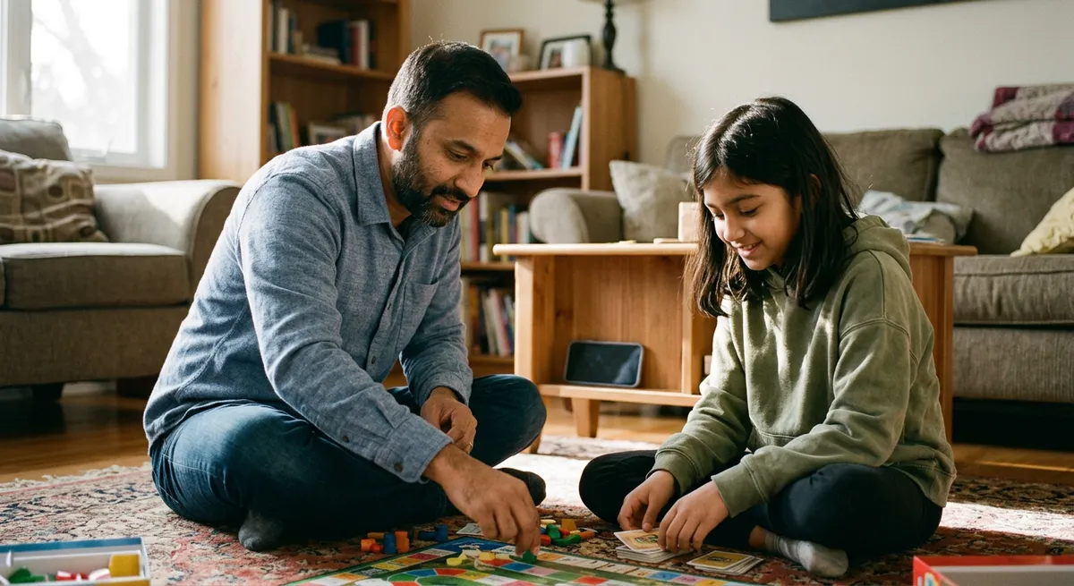 A South Asian father and daughter in a living room, setting up a board game together with an iPhone in the background, illustrating time away from Roblox on iPhone.
